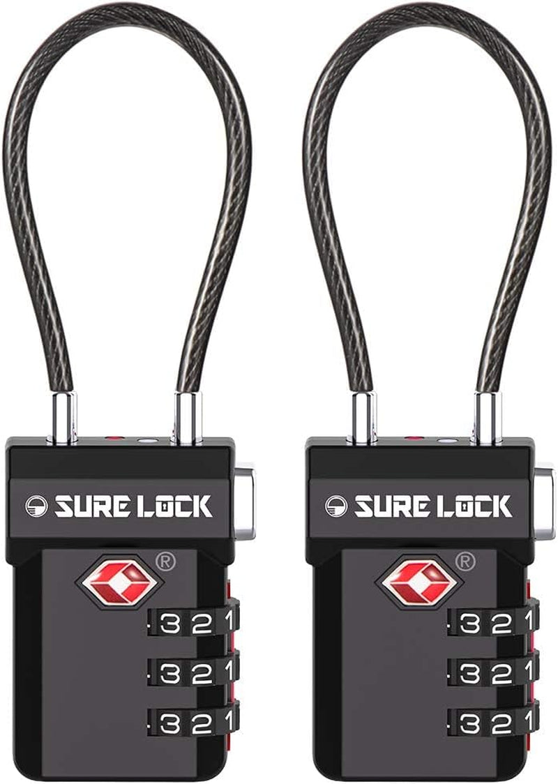 TSA Approved Luggage Locks – 3-Digit Combination Cable Lock with Red Indicator, Large Dial & Easy-Press Button for Suitcases and Backpacks – Multi-Pack & Color Options