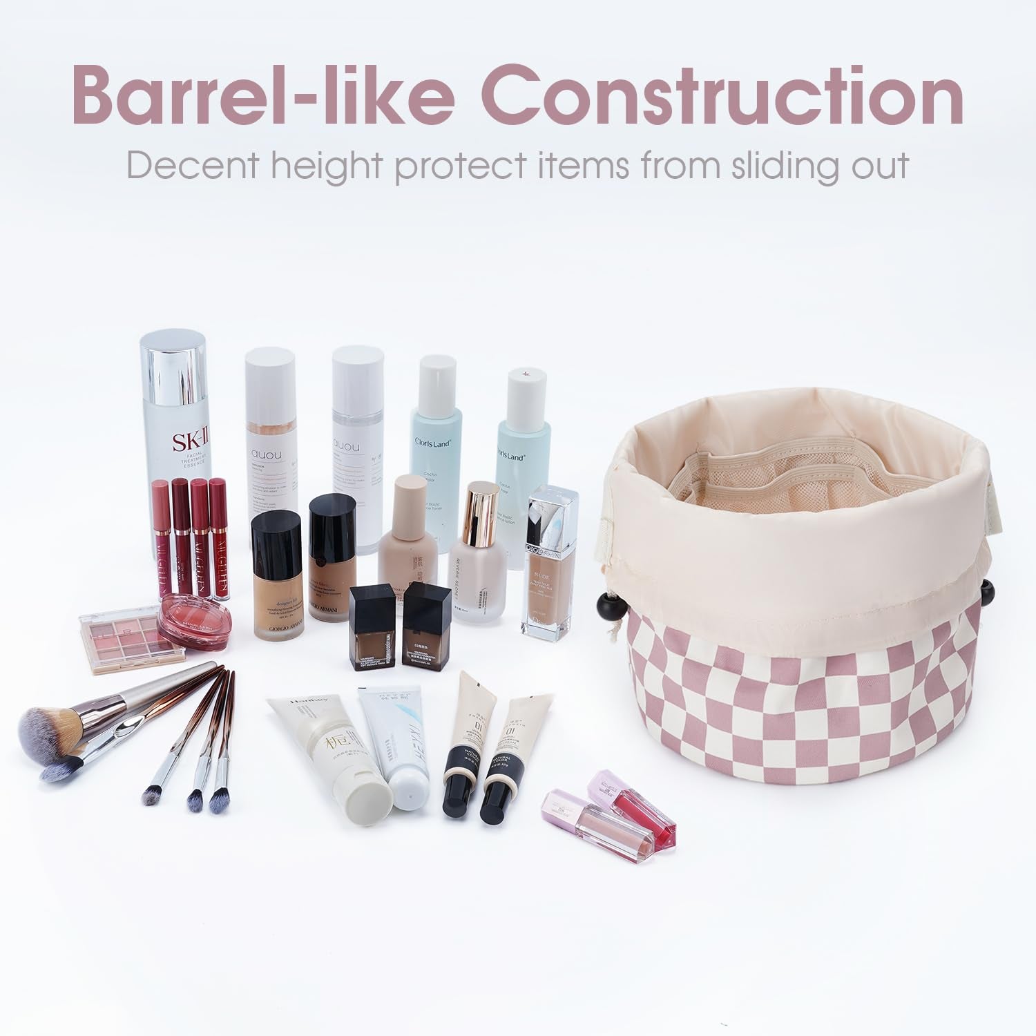 Barrel Drawstring Checkered Makeup Bag Large Cosmetic Bag Make up Bags Toiletry Bag Travel Bags for Toiletries Organizer for Women Gift for Teen Girls (Large, Dusty Pink Checkerboard)