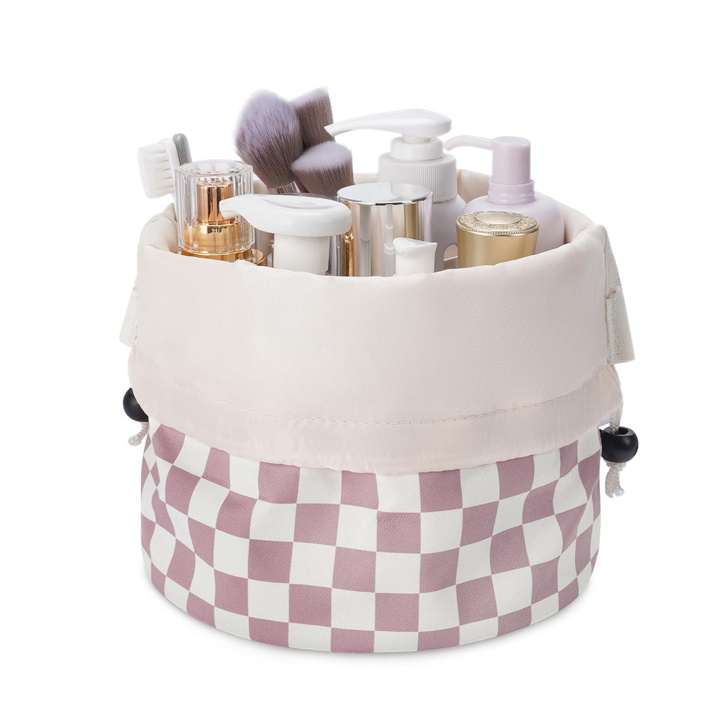 Barrel Drawstring Checkered Makeup Bag Large Cosmetic Bag Make up Bags Toiletry Bag Travel Bags for Toiletries Organizer for Women Gift for Teen Girls (Large, Dusty Pink Checkerboard)