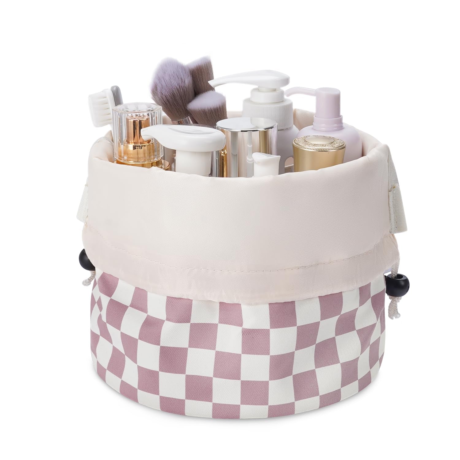 Barrel Drawstring Checkered Makeup Bag Large Cosmetic Bag Make up Bags Toiletry Bag Travel Bags for Toiletries Organizer for Women Gift for Teen Girls (Large, Dusty Pink Checkerboard)