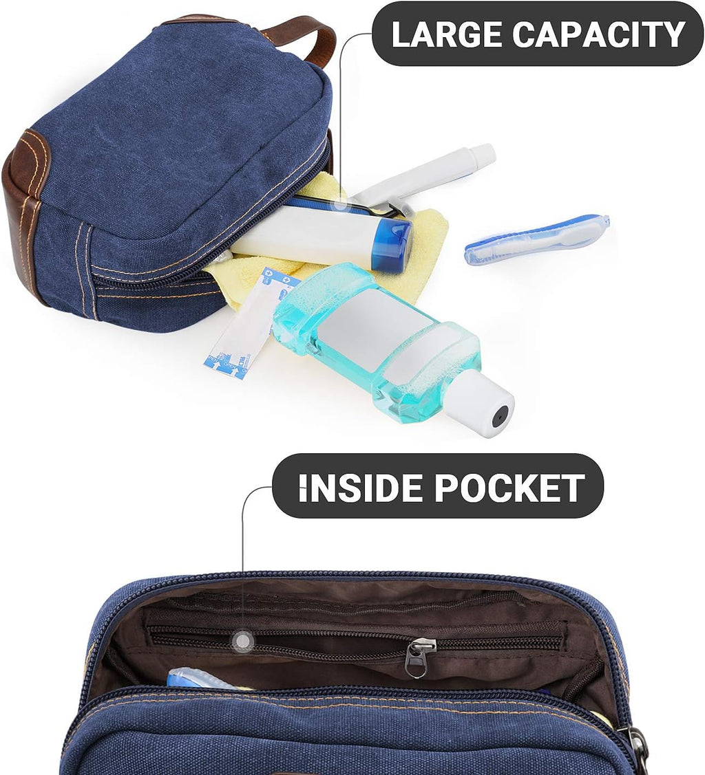 Men'S Toiletry Bag, Leather and Canvas Travel Toiletry Bag, Dopp Kit for Men, Travel Bathroom Bag Men'S Shaving Kit, Travel Kit Small Bags for Men, Shaving Bag for Travel Accessories (Blue)