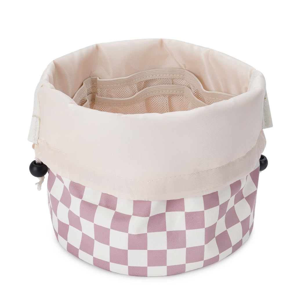 Barrel Drawstring Checkered Makeup Bag Large Cosmetic Bag Make up Bags Toiletry Bag Travel Bags for Toiletries Organizer for Women Gift for Teen Girls (Large, Dusty Pink Checkerboard)