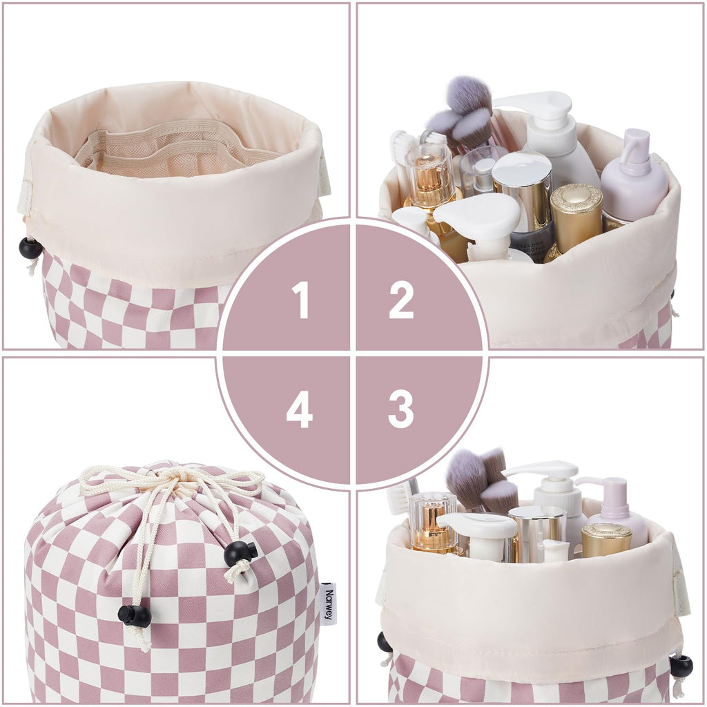 Barrel Drawstring Checkered Makeup Bag Large Cosmetic Bag Make up Bags Toiletry Bag Travel Bags for Toiletries Organizer for Women Gift for Teen Girls (Large, Dusty Pink Checkerboard)