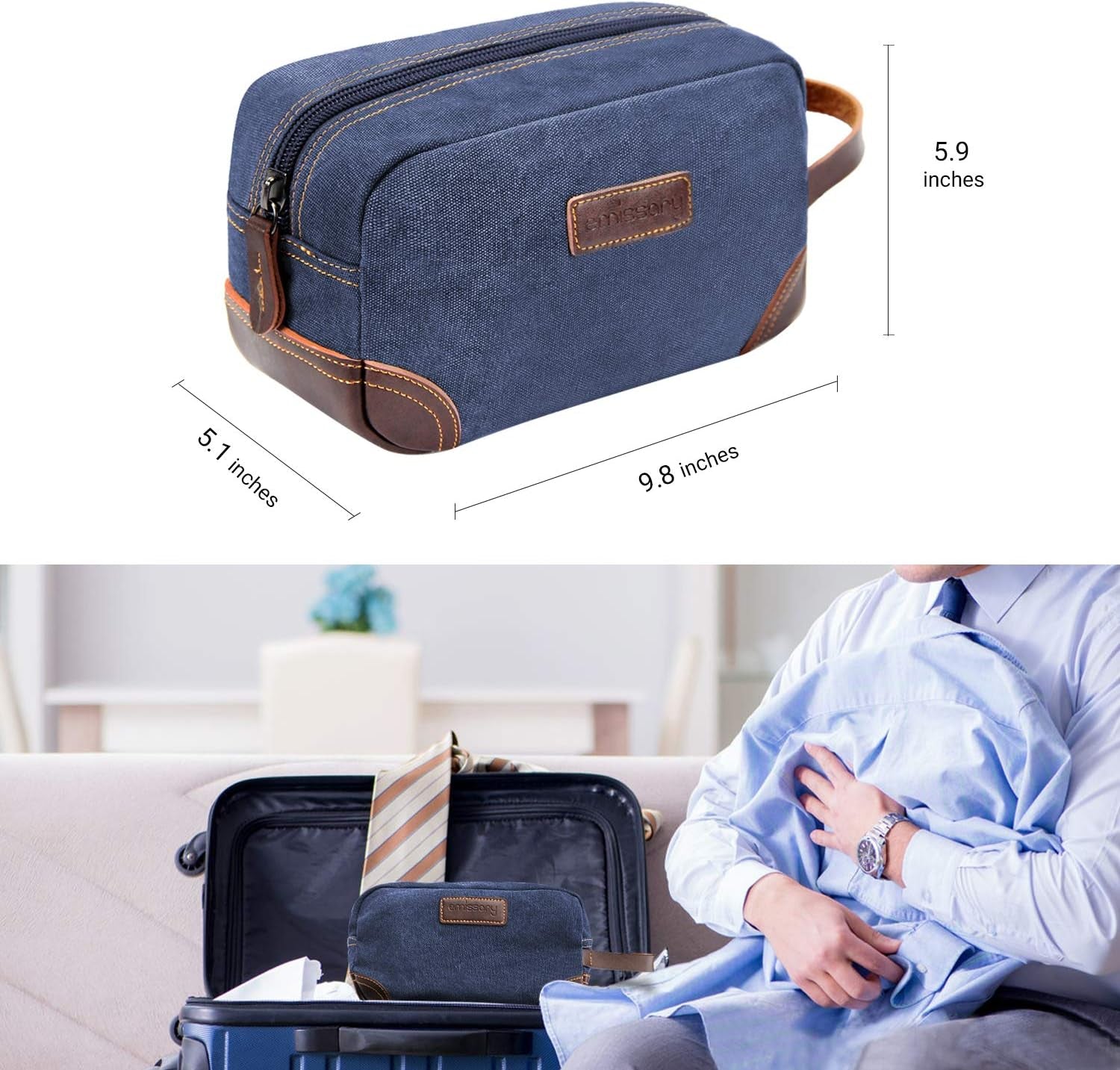 Men'S Toiletry Bag, Leather and Canvas Travel Toiletry Bag, Dopp Kit for Men, Travel Bathroom Bag Men'S Shaving Kit, Travel Kit Small Bags for Men, Shaving Bag for Travel Accessories (Blue)