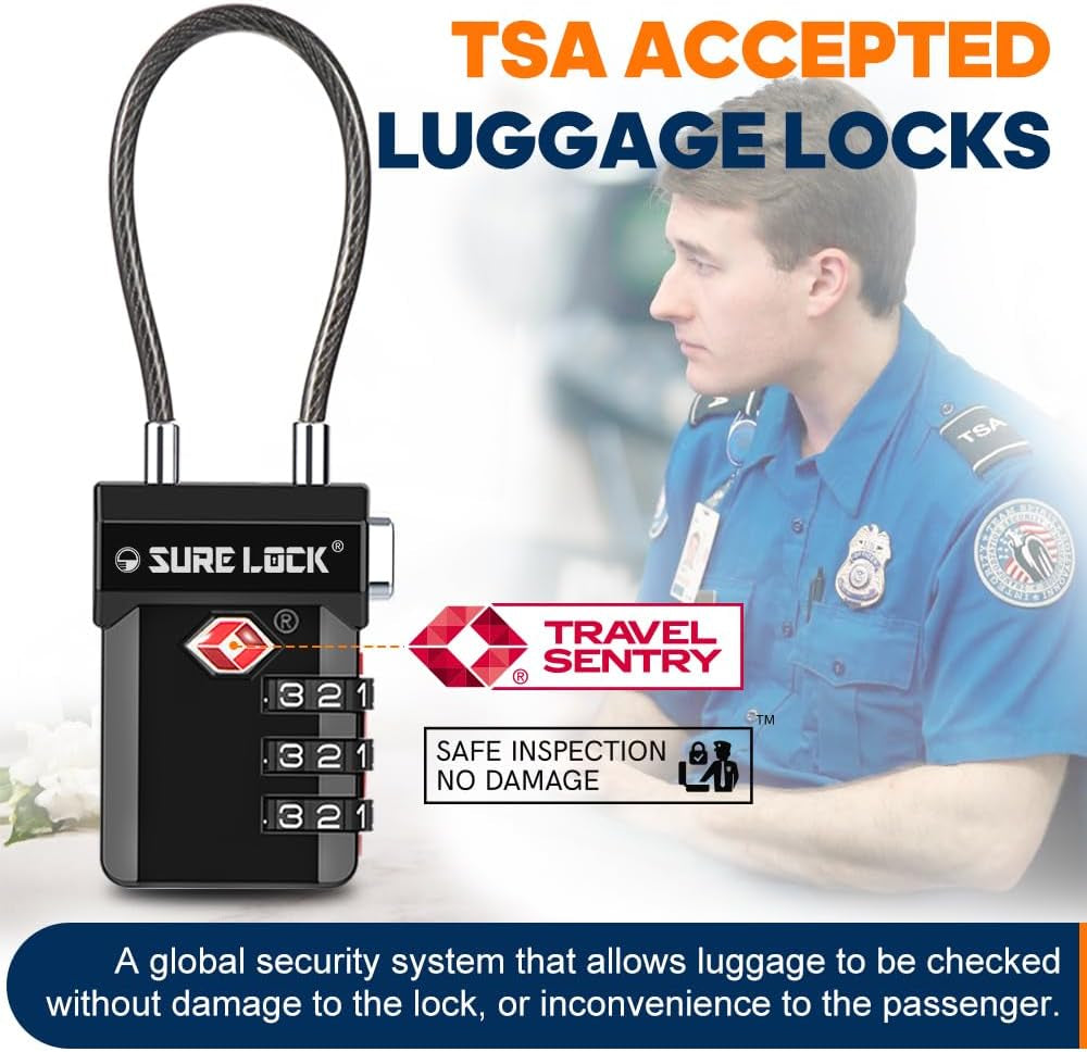 TSA Approved Luggage Locks – 3-Digit Combination Cable Lock with Red Indicator, Large Dial & Easy-Press Button for Suitcases and Backpacks – Multi-Pack & Color Options