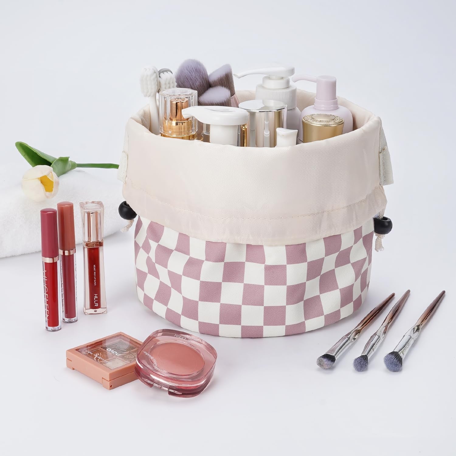 Barrel Drawstring Checkered Makeup Bag Large Cosmetic Bag Make up Bags Toiletry Bag Travel Bags for Toiletries Organizer for Women Gift for Teen Girls (Large, Dusty Pink Checkerboard)