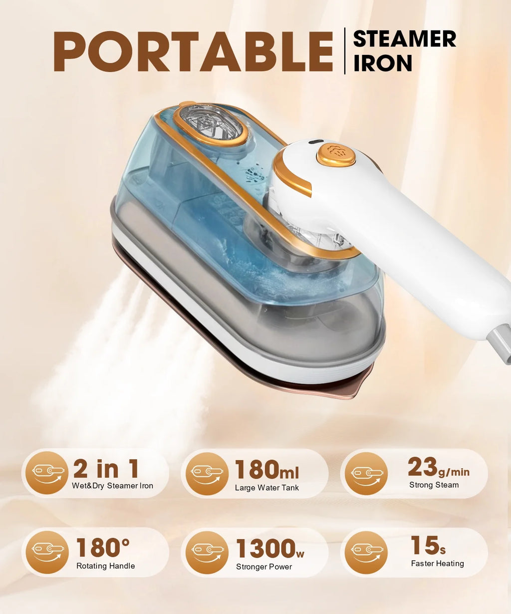 Travel Steamer for Clothes, 1300W Portable Steam Iron, 15S Fast Heat-Up, Clothes Steamer