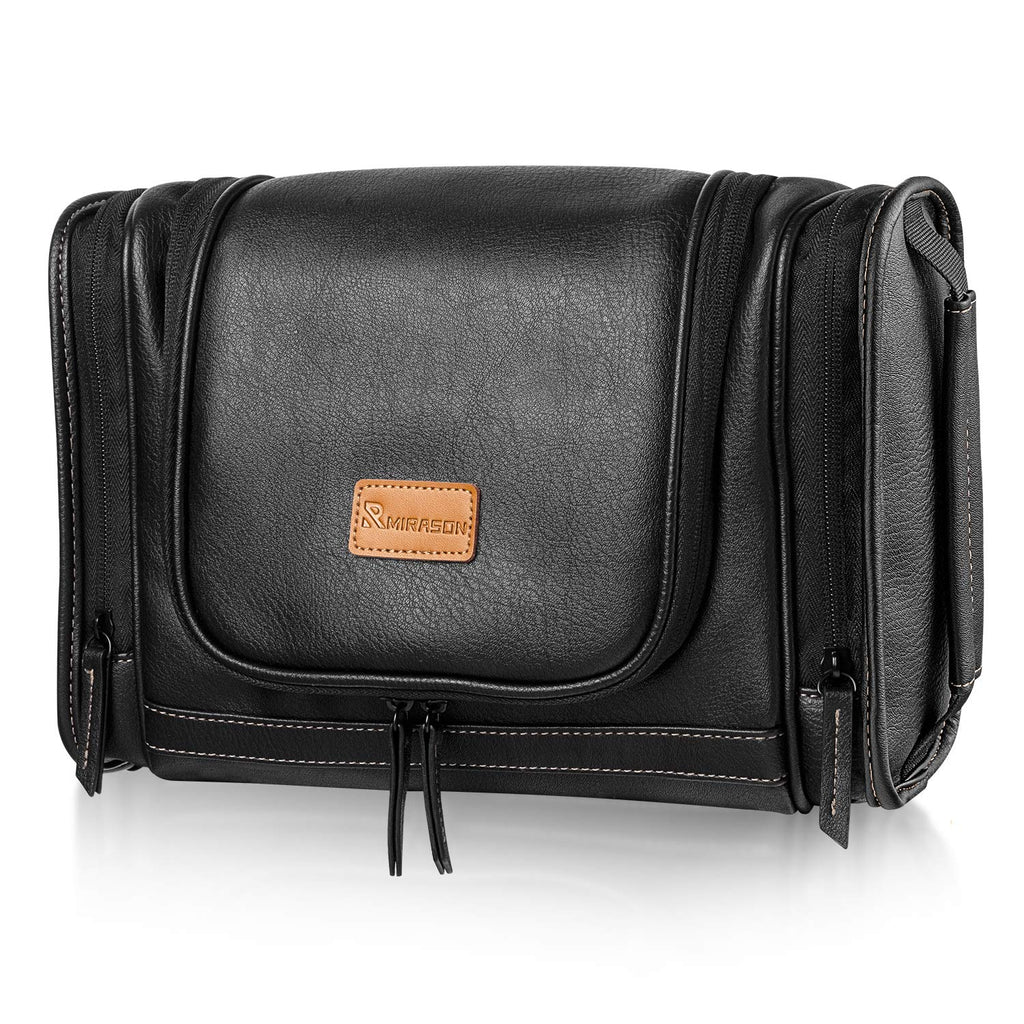 Travel Toiletry Bag, Hanging Toiletry Bag for Men, Leather Travel Shower Bag for Toiletries Dopp Kit Bathroom Bag with Metal Hook Gift for Men (Black)