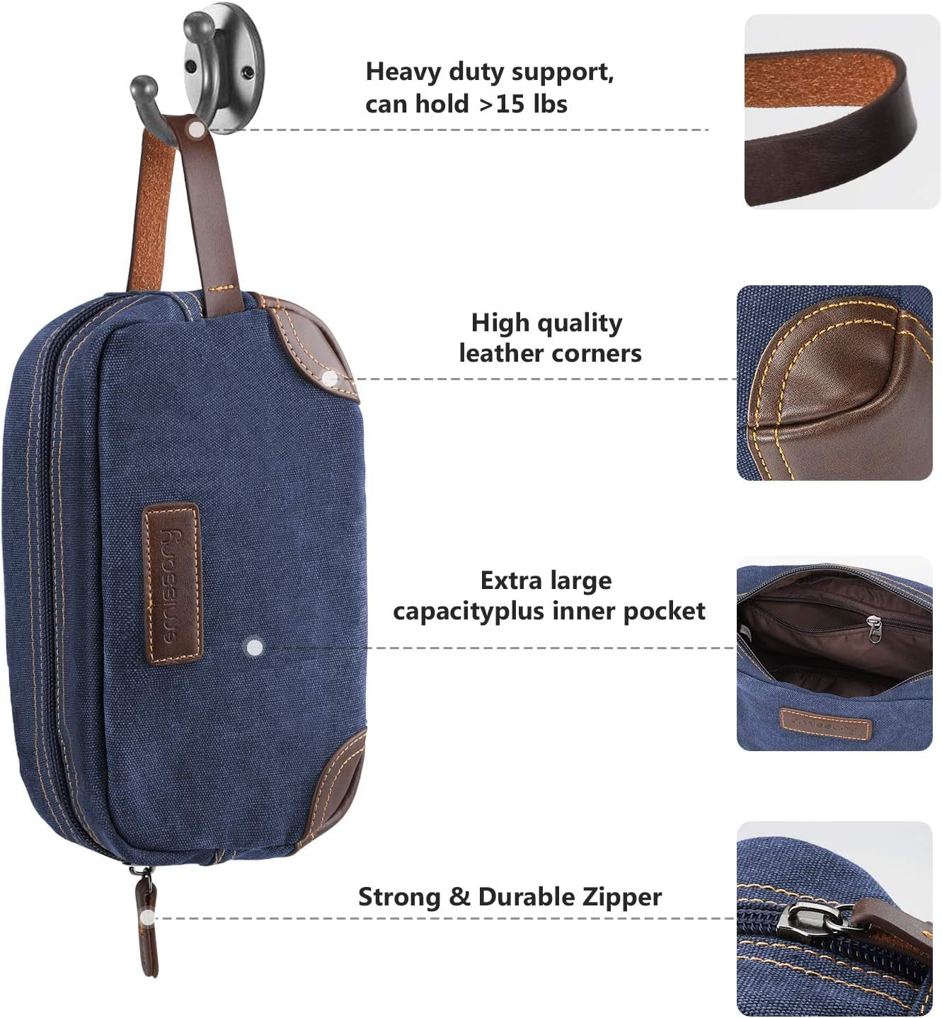 Men'S Toiletry Bag, Leather and Canvas Travel Toiletry Bag, Dopp Kit for Men, Travel Bathroom Bag Men'S Shaving Kit, Travel Kit Small Bags for Men, Shaving Bag for Travel Accessories (Blue)
