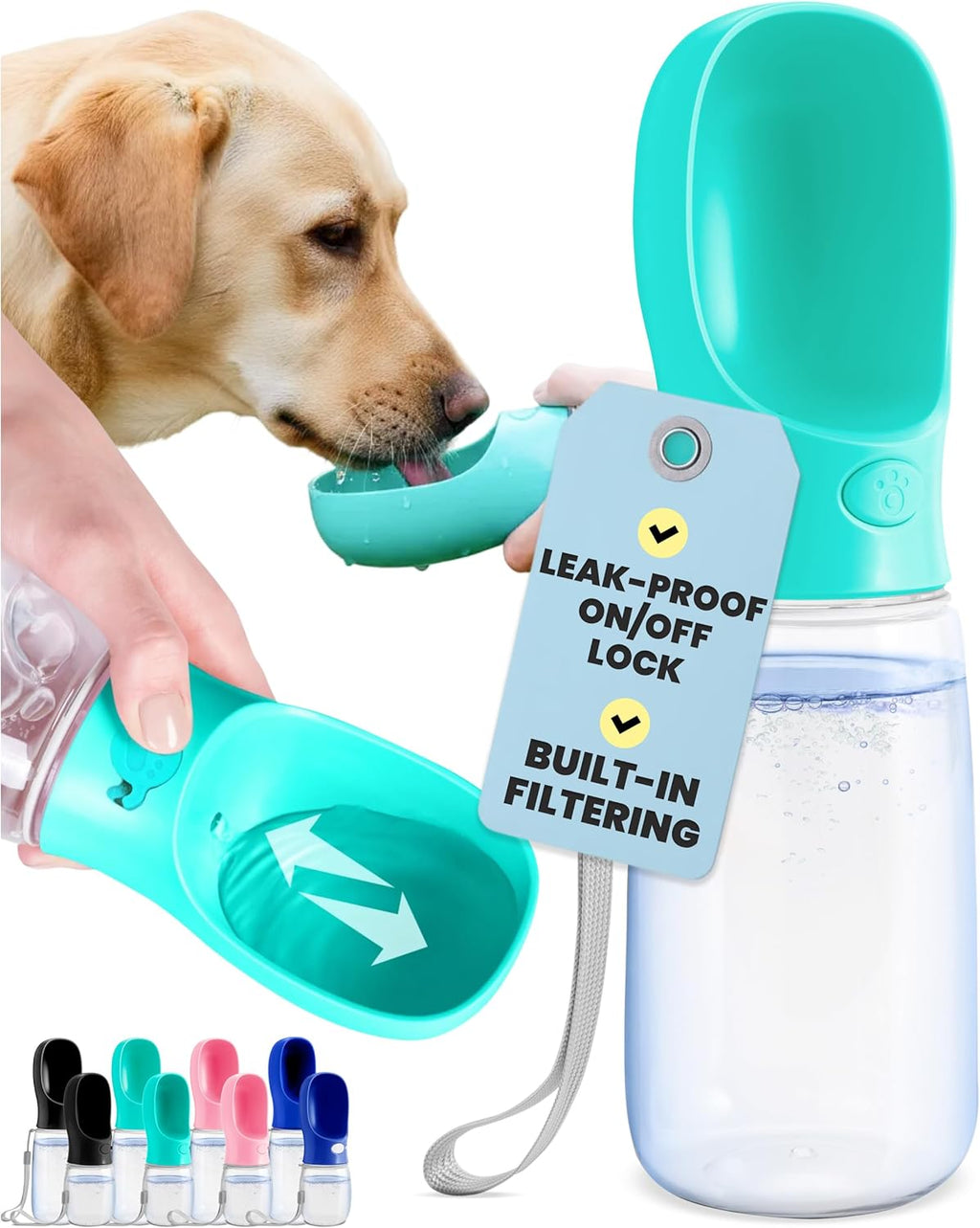 Portable Dog Water Bottle - 19 Oz, Blue - Leak-Proof Water Bowl Dispenser with Lock for Hiking, Travel & On-The-Go