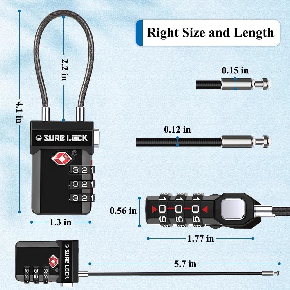 TSA Approved Luggage Locks – 3-Digit Combination Cable Lock with Red Indicator, Large Dial & Easy-Press Button for Suitcases and Backpacks – Multi-Pack & Color Options